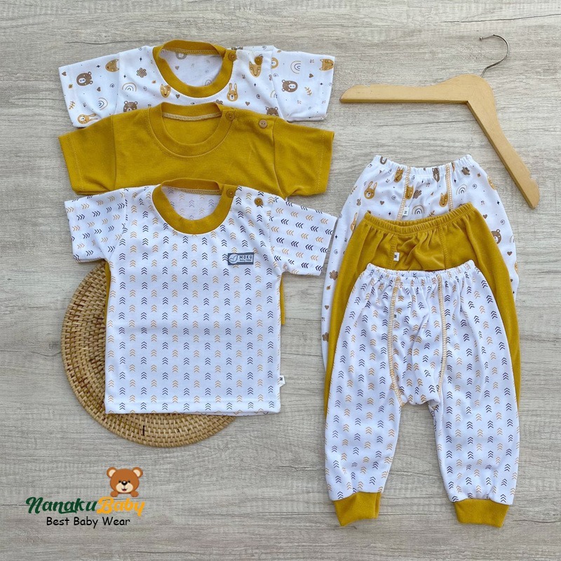Nanaku Baby X Moku Baby Isi 3 Setelan Bayi Lengan Pendek Celana Diapers Panjang Seri Mustard Usia 0-