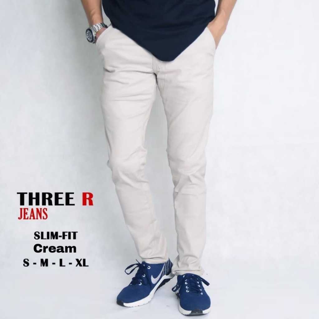 Celana Bahan Pria Chino Slim Fit Panjang Kerja Kantor Santai Liburan Cowok Stretch Melar Cream Putih