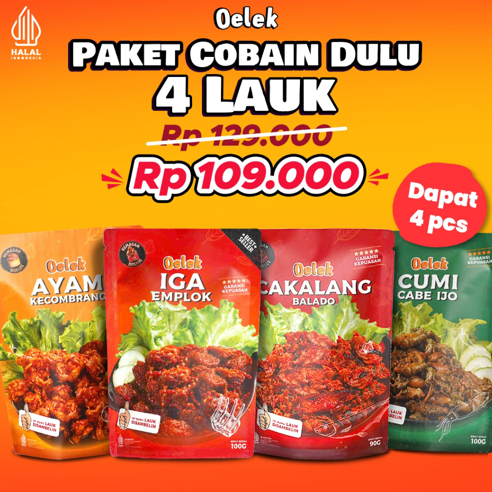 

Promo 5.5 Oelek Paket Cobain Dulu 4 Laoek / Iga Emplok / Cakalang Balado / Cumi Cabe Ijo / Ayam Kecombrang / Lauk Siap Saji