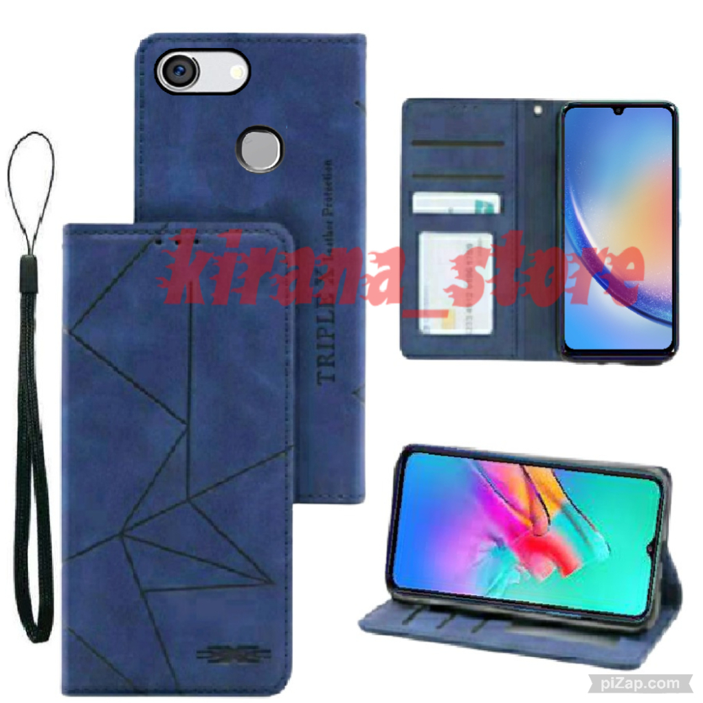 Case Flip Motif Dompet Casing HP Flip Kulit Motif Garis Wallet Leather Cover untuk OPPO F7