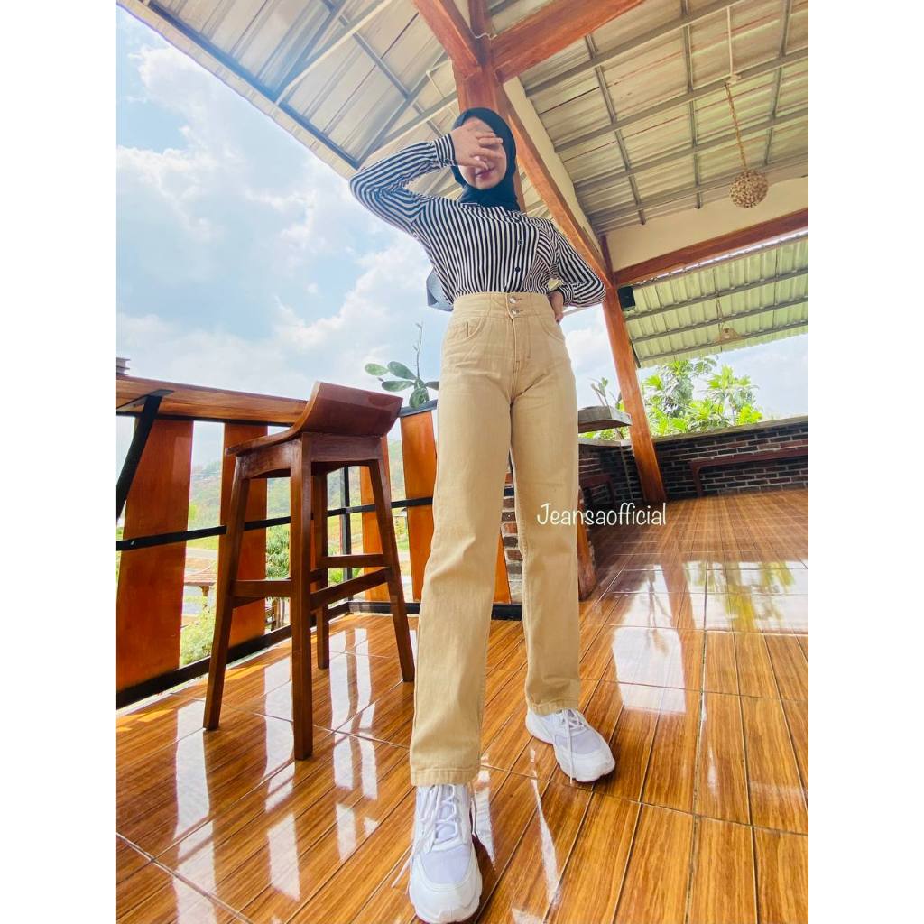 Celana Jeans Wanita Kulot Highwaist Cream