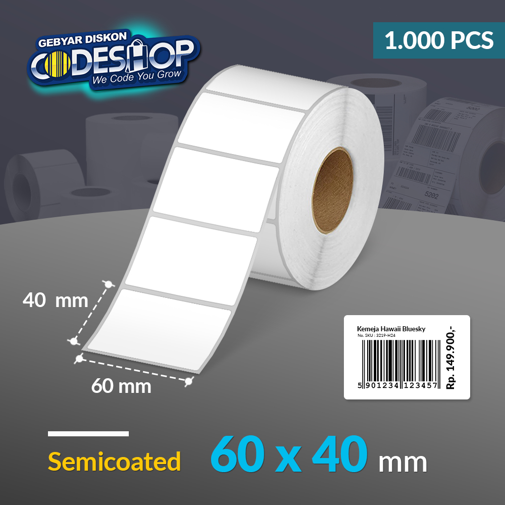 

Codeshop Label Semicoated 60 x 40 mm 1 Line Core 1 Inch Isi 1000 Pcs Stiker Barcode