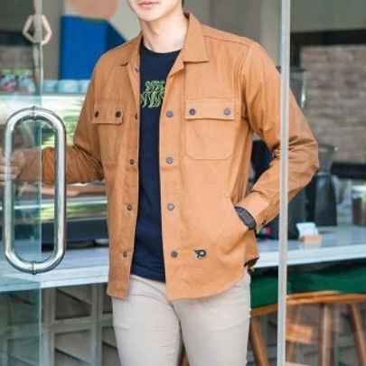 Trucker jaket pria semi parka canvas kancing hitam premium