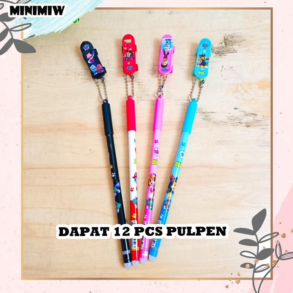 

SELUSIN (12 PCS) PULPEN SKATEBOARD PAW PATROL PEN GANTUNGAN CHARACTER DOG POLICE BOLPEN GEL TINTA ALAT TULIS KANTOR COD TERMURAH