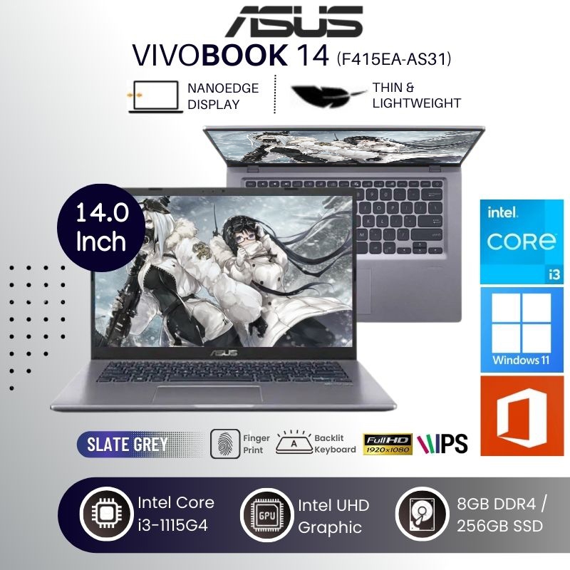 Laptop ASUS VIVOBOOK 14 F415EA-AS31 FHD IPS - i3 1115G4 8GB 256GB SSD Win11 14.0" BACKLIT - SLATE GR