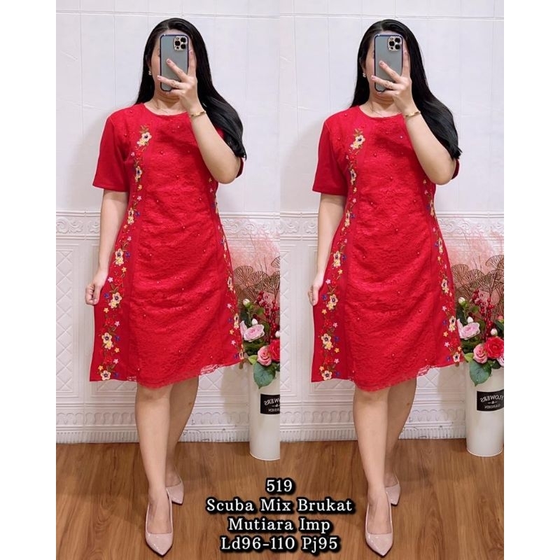 519A dress brukat mutiara bordir scuba