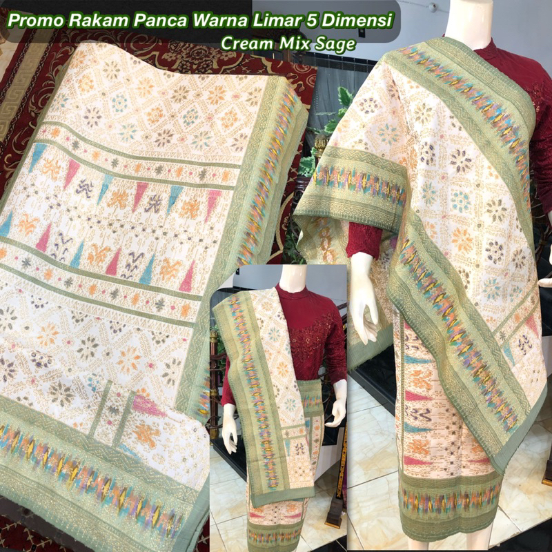 PROMO Songket Panca Warna Limar 5 Dimensi /Cream mix Hijau Sage / songket tenun asli palembang /ilha