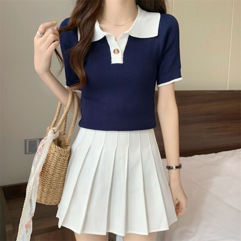 Baju Rajut  Kerah Polo Lengan Pendek | Atasan Berkerah Lengan Pendek Wanita | Korean Style | Rajut K