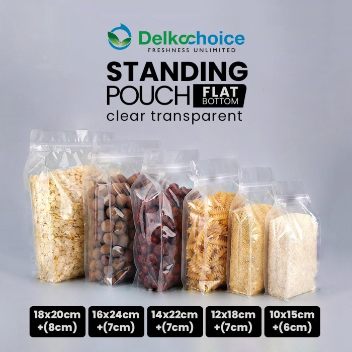 STANDING POUCH FLAT BOTTOM CLEAR TRANSPARANT - KEMASAN SNACK BUBUK DELKOCHOICE