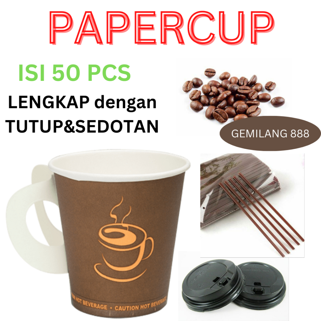 PaperCup Kuping / Gelas  kertas Gagang + Tutup + Sedotan (isi 50pcs), Paper cup, Gelas Kertas, Gelas