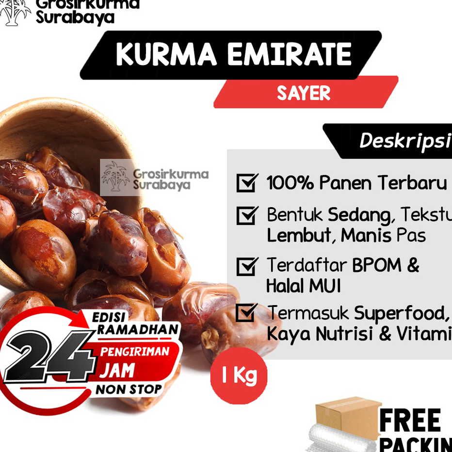 

BLNW7814 DISKON!!!!!!! Kurma Gold Emirate Sayer 1KG Asli Arab Saudi Premium BPOM Untuk Nabeez Buka Puasa Basah Madu Enak