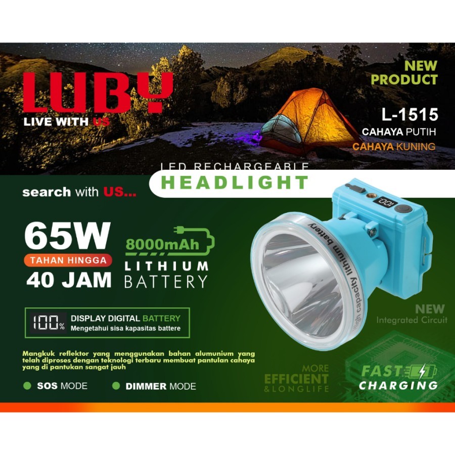 Luby Senter Kepala Jumbo Super Led L-1515L Cahaya PUTIH 65 Watt Water Resistant Dimmer Tahan 40 Jam