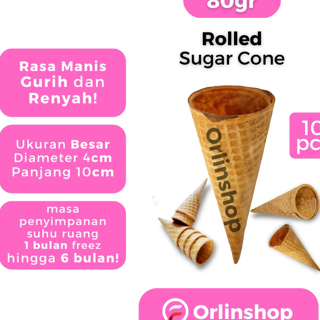 

Jual ORLIN sugar cone eskrim waffle kerucut besar 4cm isi 10pcs