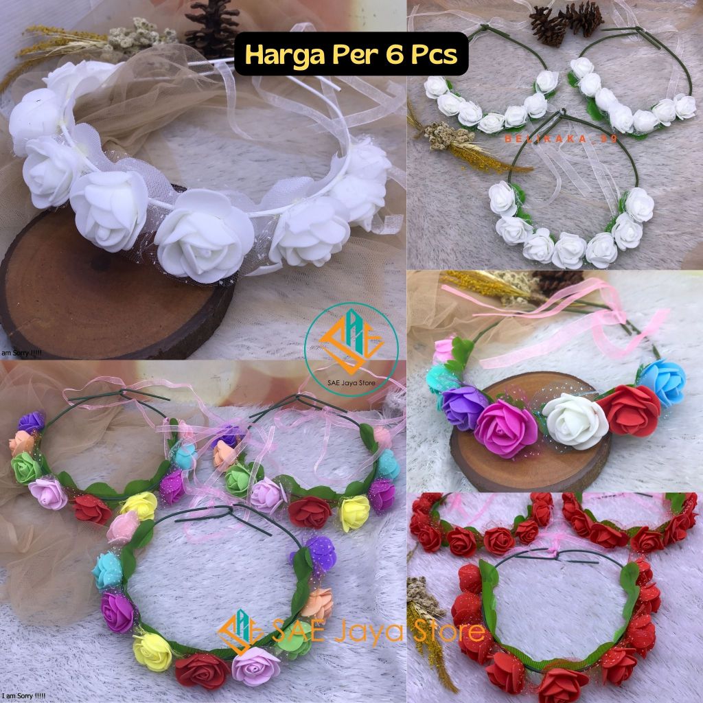 (6 PCS) SAE - BANDO FLOWER CROWN VARIASI 9 BUNGA DAN 7 BUNGA / BANDO MAHKOTA BUNGA LINGKAR