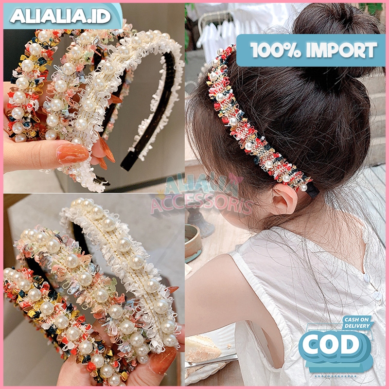 Bando Korea Anak Perempuan Model Anyaman Kain Mutiara Pearl Hiasan Rambut Lucu Gaya Kekinian