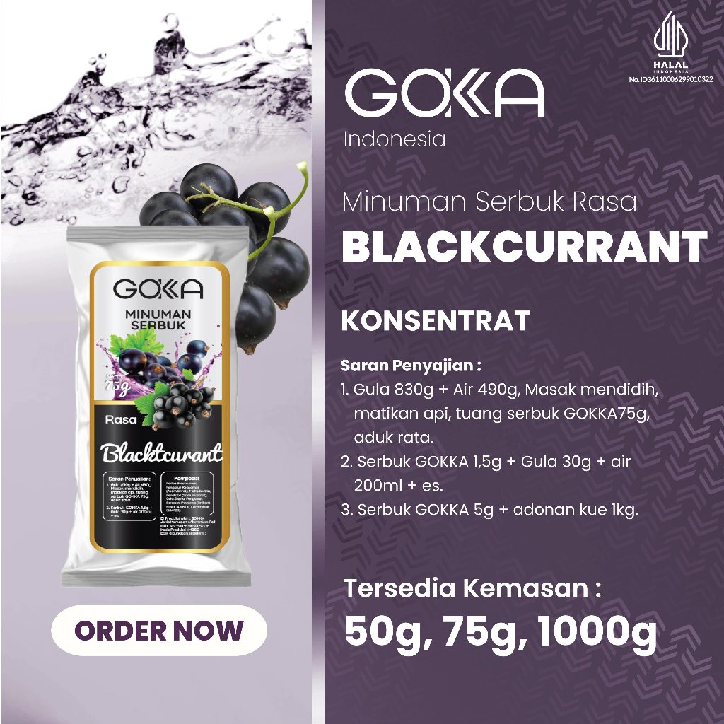 

Gokka Bubuk Minuman / Serbuk Minuman Rasa Blackcurrant Kemasan 50gr