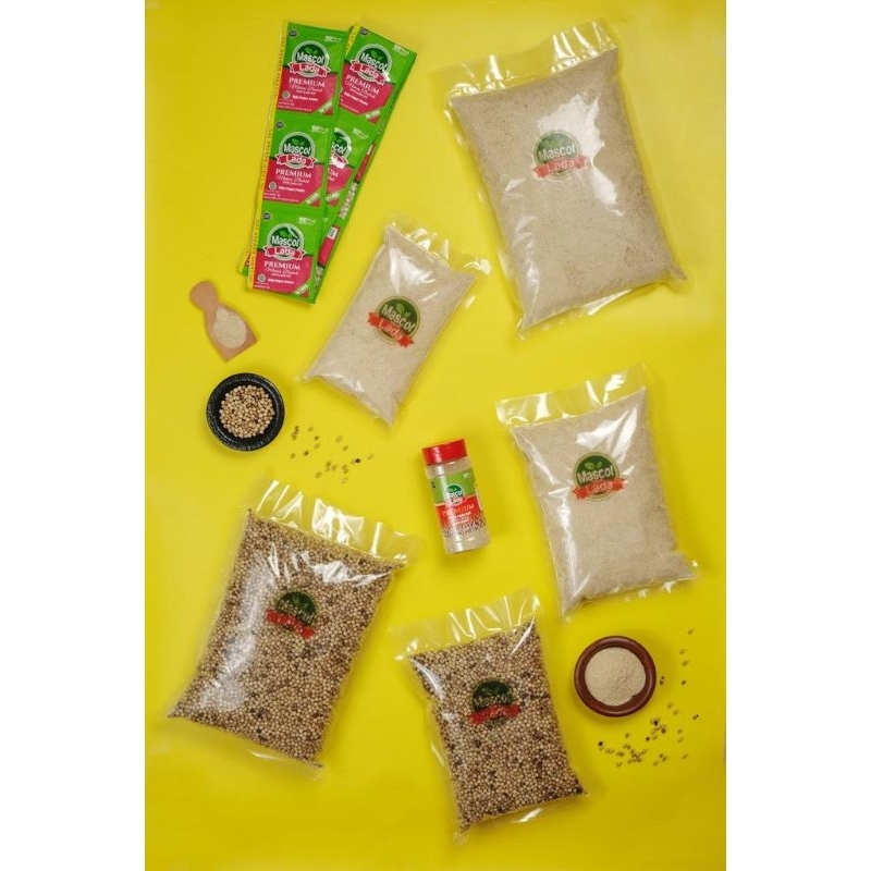 

LADA PUTIH BUTIR BIJI SAHANG MERICA WHOLE WHITE PEPPER MASCOT KEMASAN VACUM KILOAN