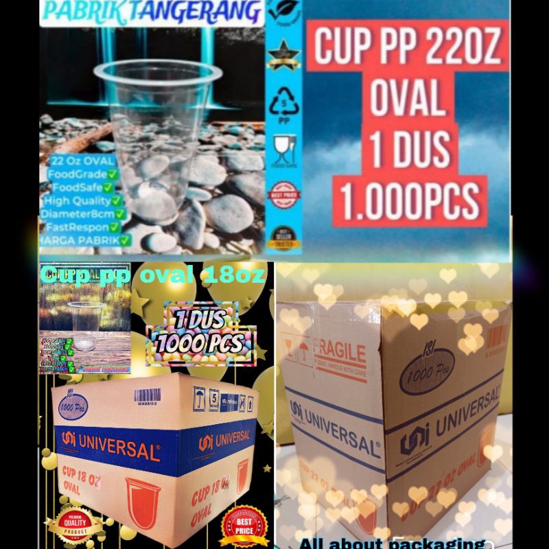 1dus 1000 pcs  pp 22oz oval universal tanpa tutupn uk 18oz / Gelas plastik minuman uk 22oz oval