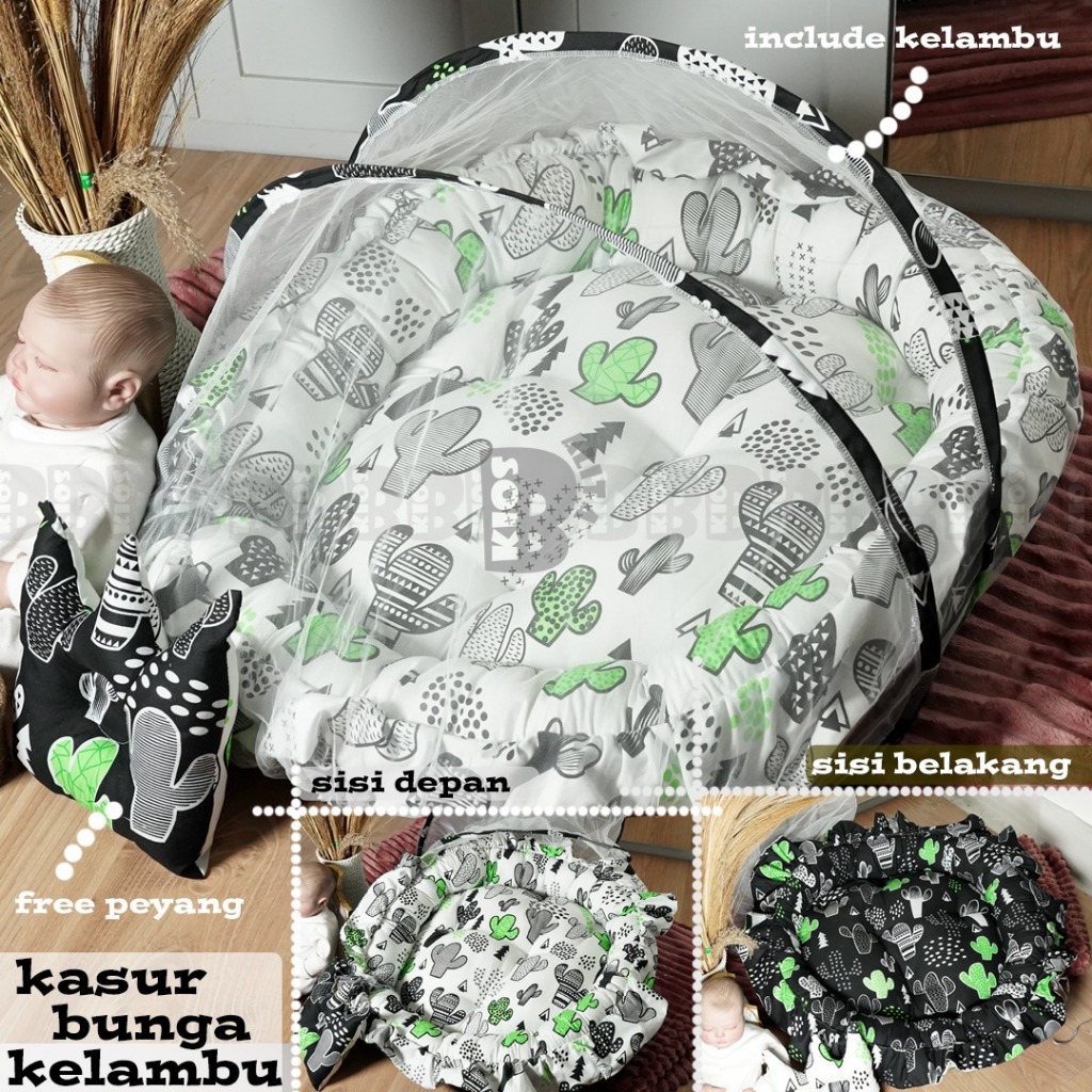 KASUR BAYI BUNGA SERUT BABY NEST + KELAMBU ANTI NYAMUK MOTIF BOLAK BALIK DUA SISI