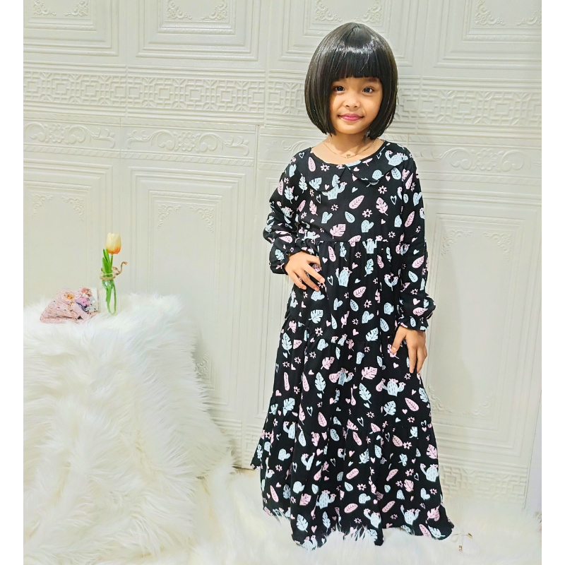 Gamis Anak Motif | Gamis Rampel Simple | Gamis Premium Warna Hitam | Yasta Fashion