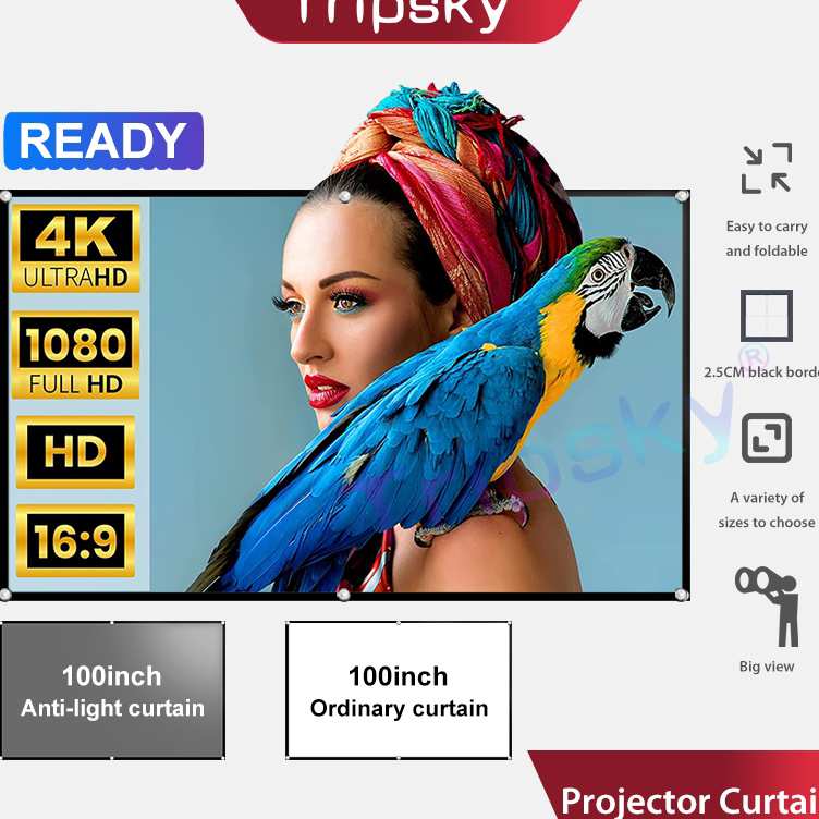 ☊↕⁑ Tripsky NEW Layar Dinding Proyektor Tahan Cahaya Layar Dinding Proyektor 100 Inch Roll