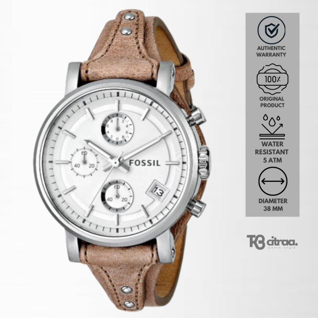 jam tangan fashion wanita Fossil Boyfriend analog strap kulit cewek Chronograph Bone Leather Strap water resistant casual elegant original ES3625