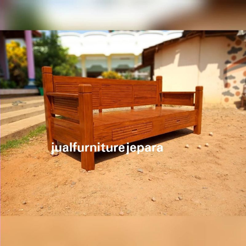 bangku bale bale kayu jati minimalis, bale bale kayu jati Jepara, kursi bangku kayu jati