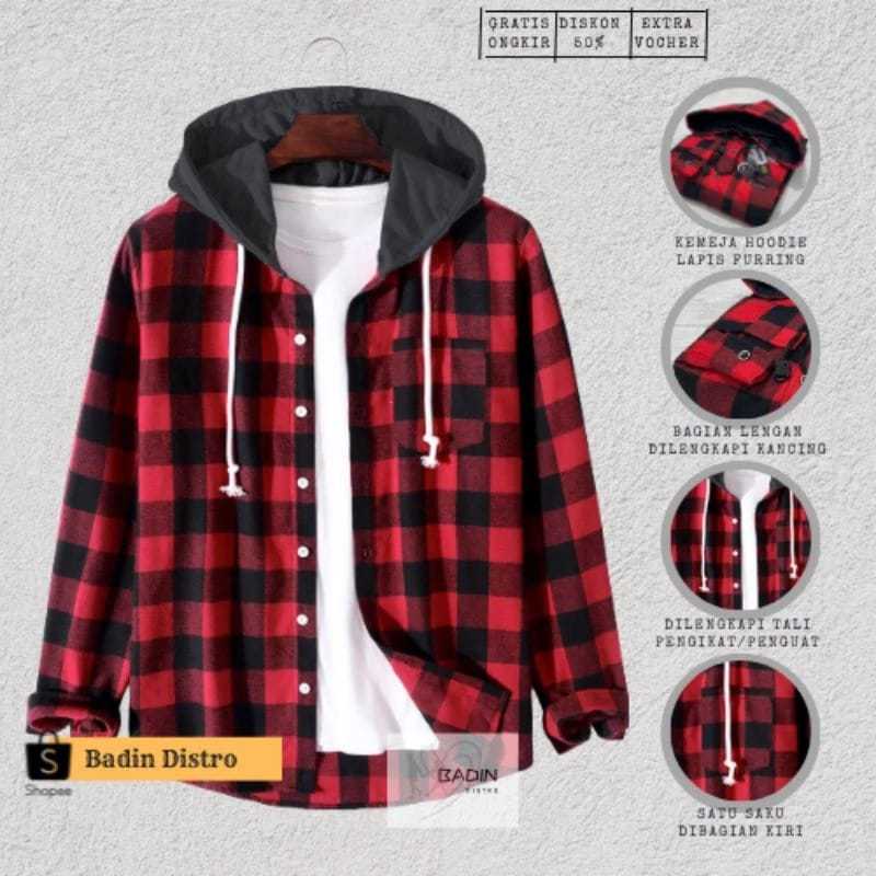Kemeja Hoodie Pria Kemeja Flanel Hoodie Kotak-Kotak Pria Panjang