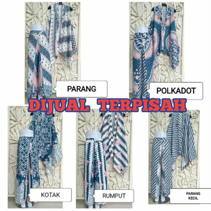 ONE SET CARDIGAN VEST OUTER CELANA LAYER BATIK MOTIF BIRU CELANA PANJANG WANITA SET PREMIUM CARDIGAN