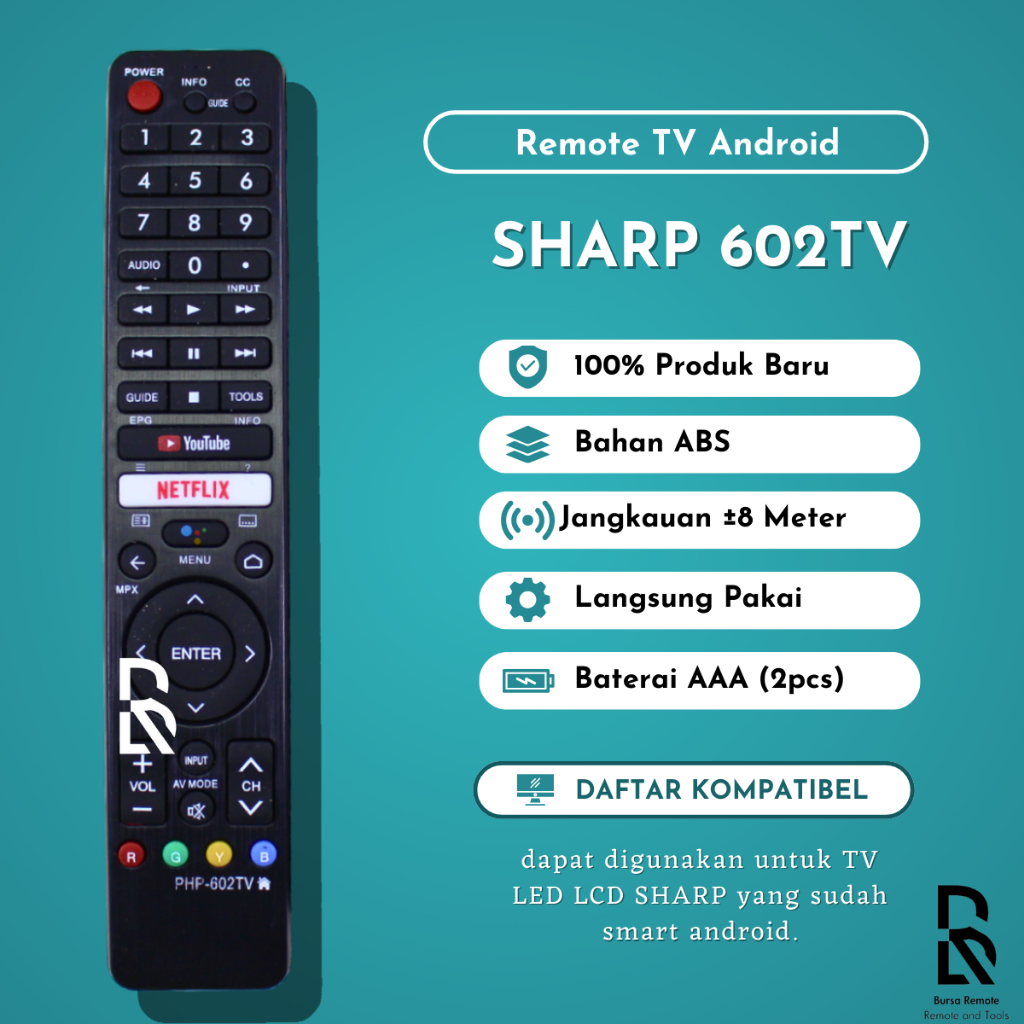 Remot Remote Android TV SHARP AQUOS LED LCD PHP-602TV Smart TV Youtube Netflix (Non Voice Command) 2T-C42BG1i 2T-C50BG1i