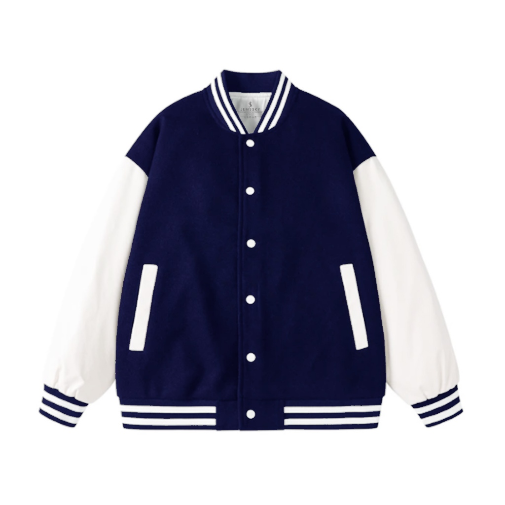 Jemssky Jaket Baseball Polos Navy Putih Distro Unisex