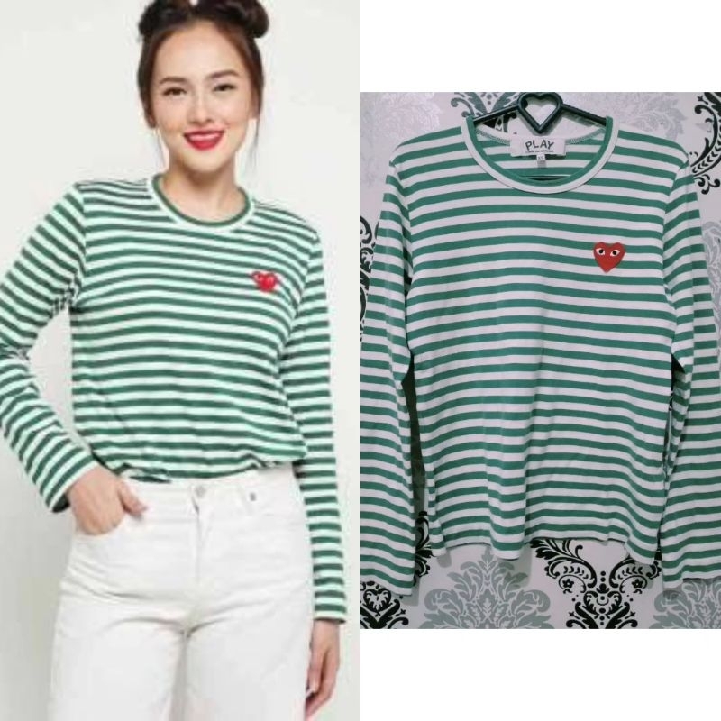 Original PLAY Comme Des Garcons Green Stripe| Kaos Salur Hijau CDG | Baju Atasan Garis-garis