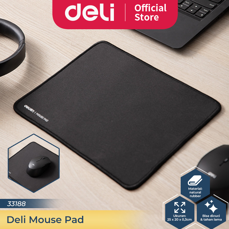 Sale.. Deli Mouse Pad / Tatakan Mouse Polos 25 x 20 cm Warna Hitam Anti Slip Cocok untuk Kantor 3318