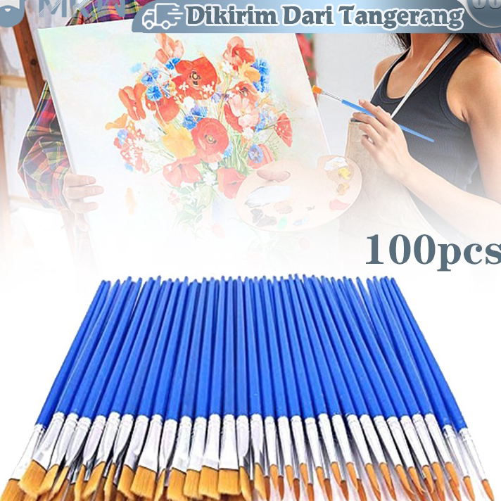

➸➚✣ 100pcs Kuas Lukis Akrilik Bulu Nilon Cat Air/Kuas Cat Minyak/Set Kuas Lukis Lengkap Ujung Pointed Dan Flat - Artist Paint Brush Diskon
