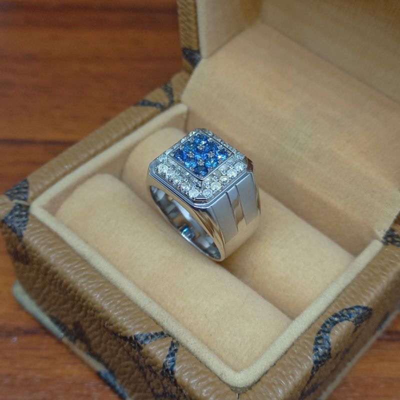 Cincin Silver Pria Berlian Asli Eropa - Batu Blue Safir
