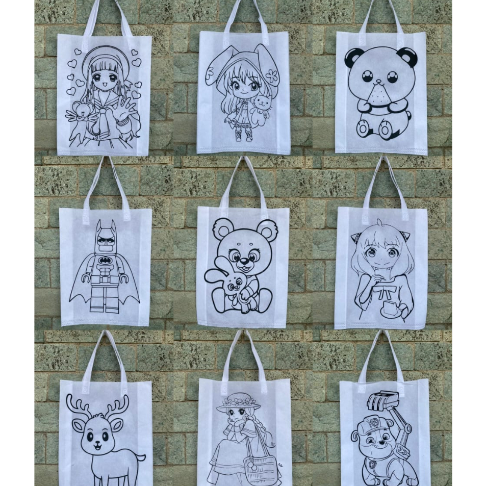 

↑❂❉ Paket 100 pcs Tas spunbond mewarnai Tali 30x40x8 - Goodie bag mewarnai / melukis anak / lukis tas / lukis goody bag / Big Sale