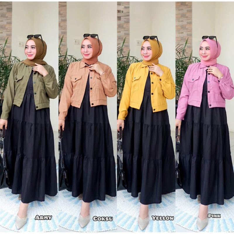 One Set Syakila Jaket Dan Iner Midi Crinkle Airflow Polos One Set Kekinian Wanita Setelan Wanita Ter