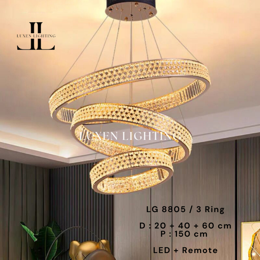Lampu Gantung Kristal Ring Void Cincin Minimalis LED 8805 3 susun D60