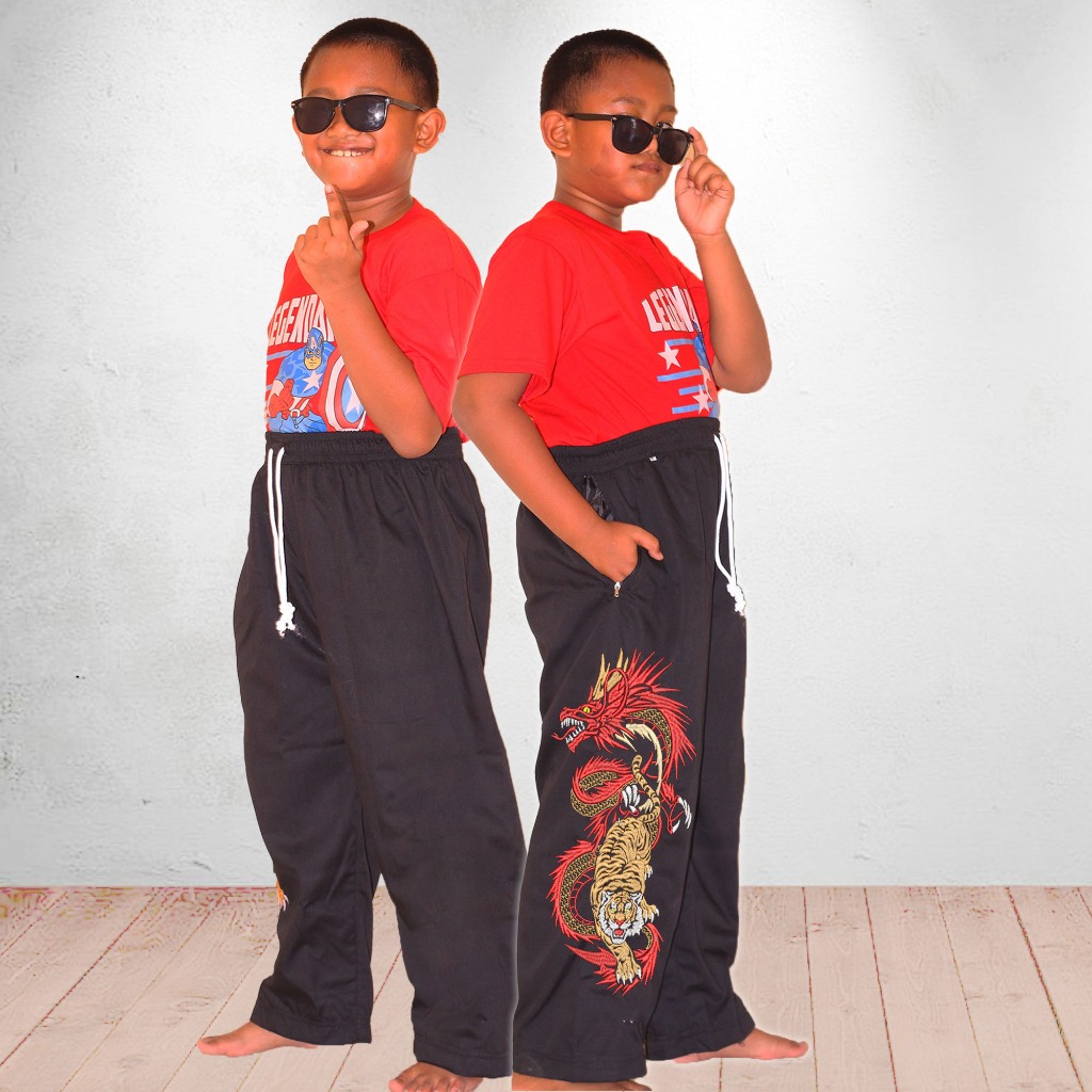 Celana Silat Bordir Naga Macan Komprang Pangsi Untuk Anak Laki-Laki Usia 3-15 Tahun Beladiri Katun D