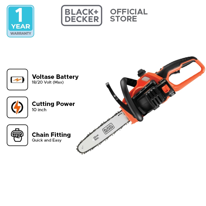 Black+Decker Cordless Chainsaw / Gergaji Kayu Baterai 18V 10" GKC1825L20-QW