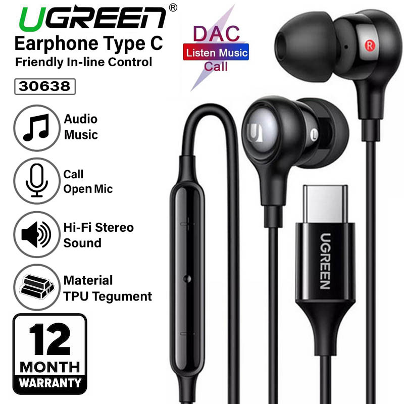 Ugreen 30638 DAC Hifi Stereo In-Ear Type-C Headset - Earphone Headphone DAC Chip Support Android Sam