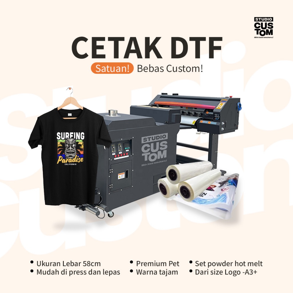 Jasa print DTF satuan A3 A4 A5 A6 A3+ logo brand tag cetak sticker setrika baju tempelan baju bisa d