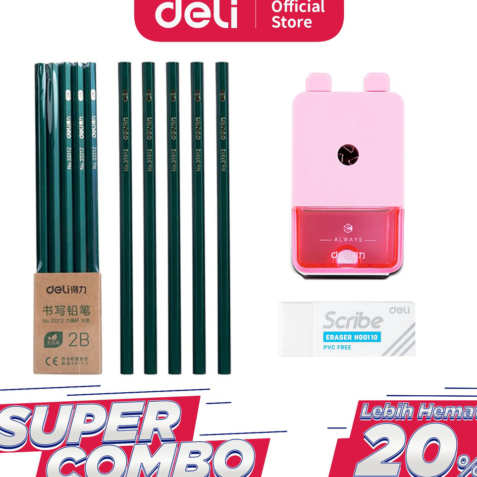 

Baru Deli Combo Set 2 - 10pcs Pensil 2B + 3pcs Penghapus + Rautan Putar