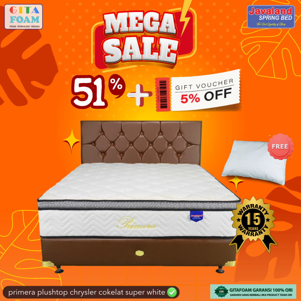 TERMURAH SPRINGBED PRIMERA PLUSHTOP SUPER WHITE CHRYSLER COKELAT [JAVALAND] Garansi 15 tahun (Spring