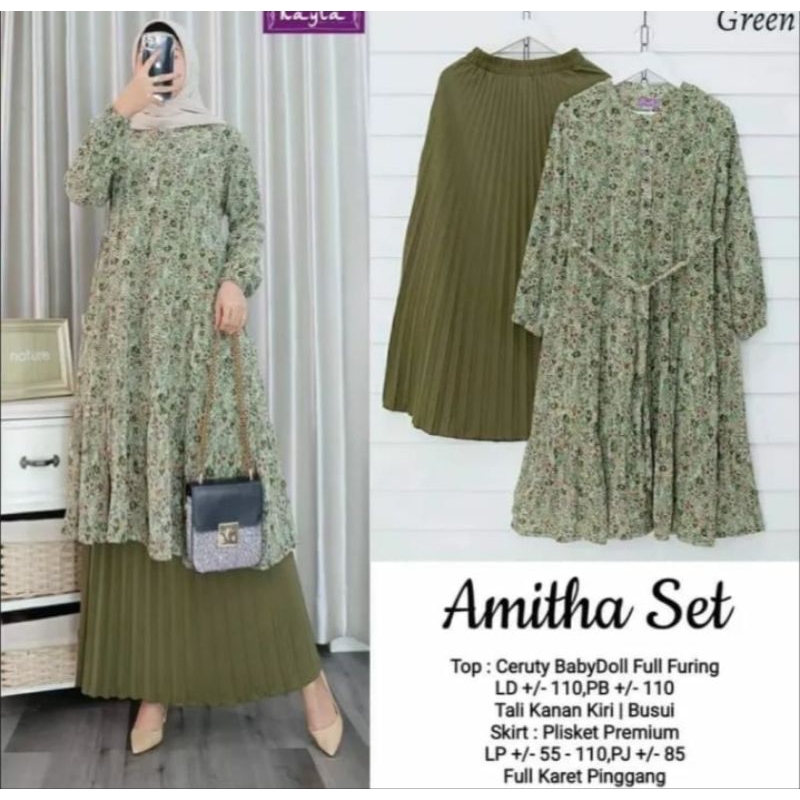 Set Rok Tunik Bunga Kecil Ceruty Babydoll Full Furing Amitha Set Terbaru Busui Friendly Gamis Lebara