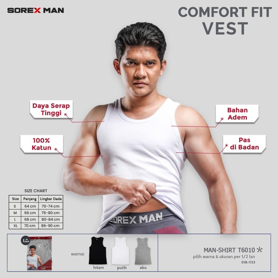 singlet sorex man T 6010 shirt comfort fit 100% katun kaos dalam pria