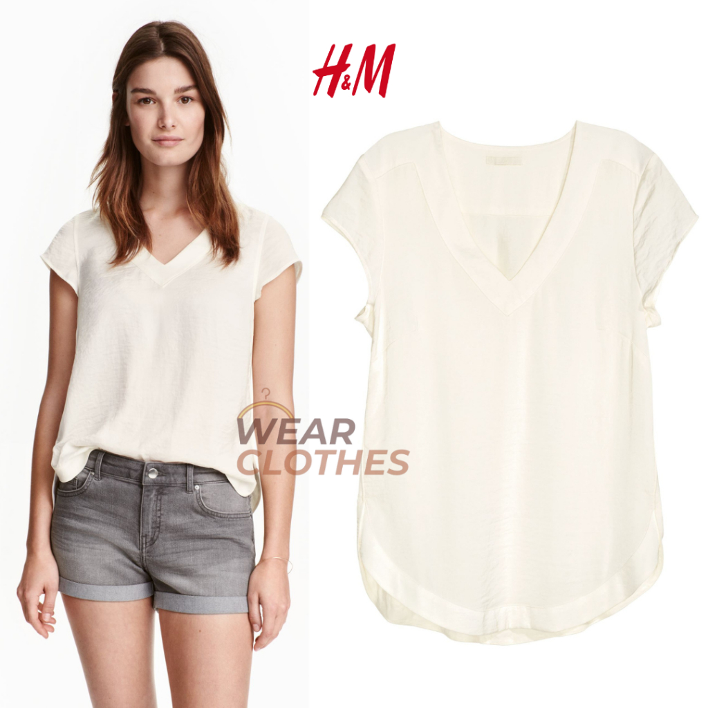 HM V-neck Satin Blouse / Kaos Tanpa Lengan / Singlet Wanita Cewek Motif Polos Satin