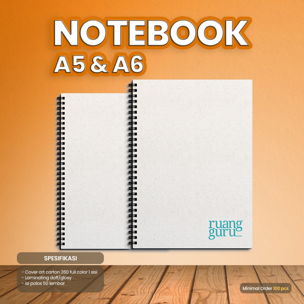 

Notebook Ukuran A5 & A6 CUSTOM PRINT, Laminating Doff / Glosy, Isi 50 lembar, Cover art carton 260 Full Color 1 Sisi