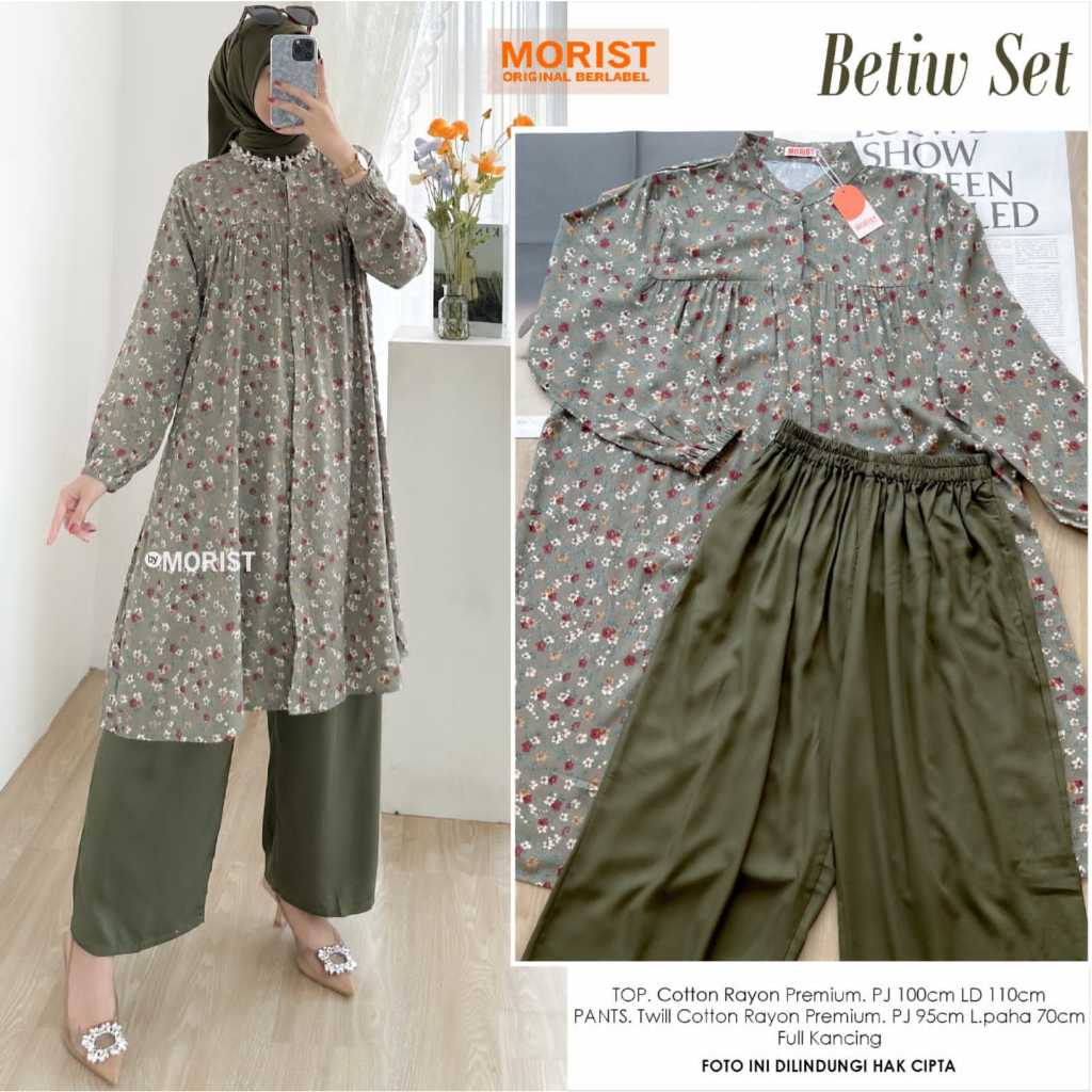 SETELAN BAJU WANITA TUNIK MOTIF BUNGA DAN CELANA KULOT BETIW SET BY MORIST ONESET KATUN RAYON PREMIU
