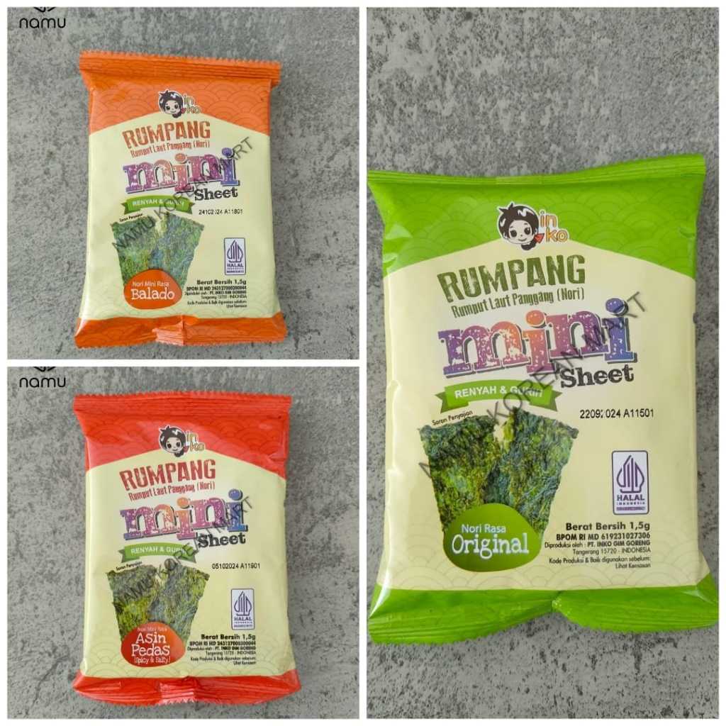 

Inko Rumpang Mini Sheet Original 1.5gr / Balado / Spicy Salt / Rumput Laut Panggang / Nori Sheet / Seaweed  Snack Korea / Rumput Laut